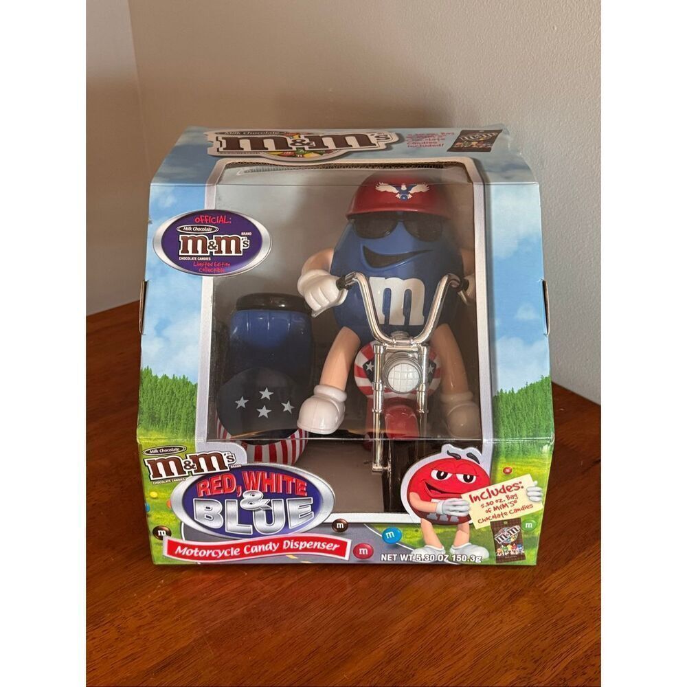 Limited Edition M&M's Red, White & Blue Motorcycle Candy Dispenser/New in Box